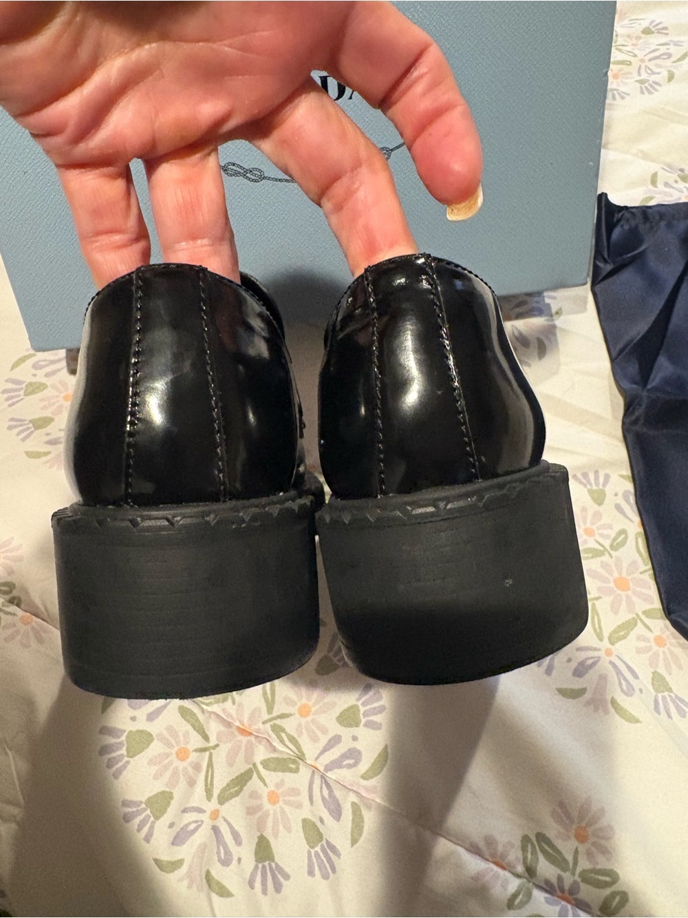 Women's Prada Black Patent Leather Penny Loafers with Logo Plaque - Picture 3 of 8